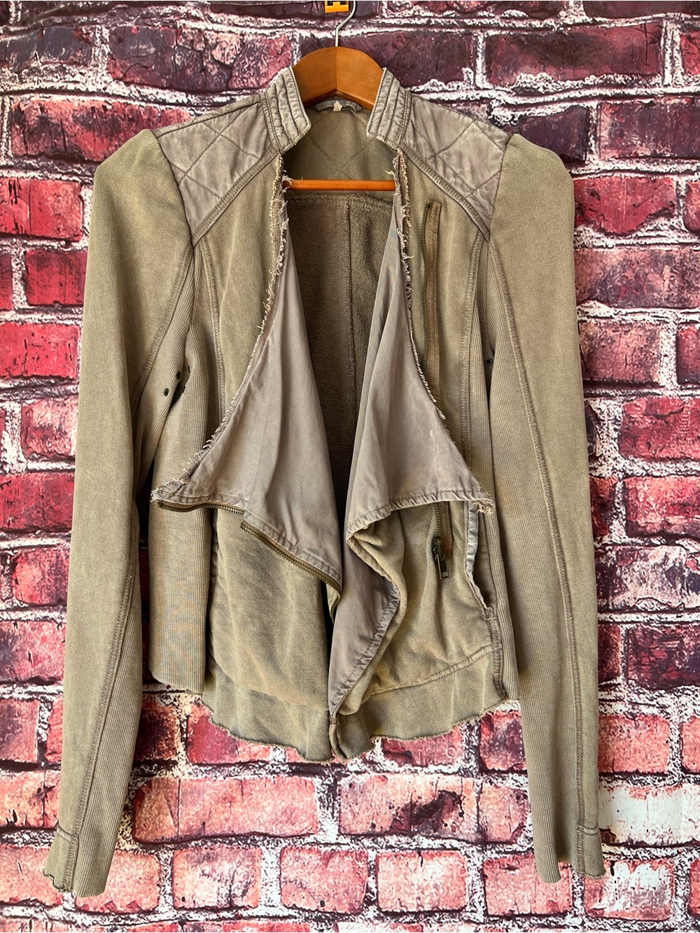 Free People Shrunken Distressed Knit Faux Leather Moto Jacket M